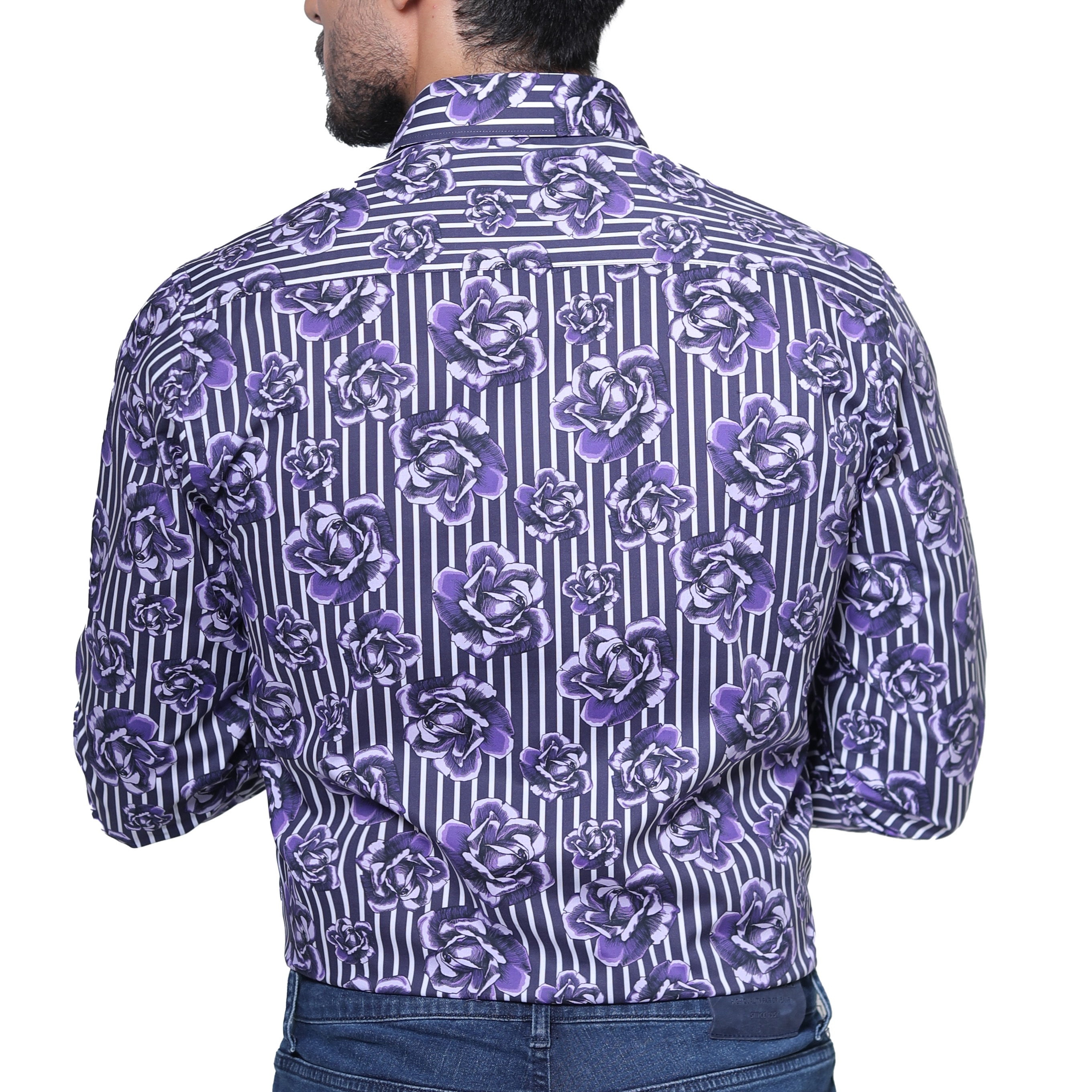 پیراهن مردانه آستین بلند طرح گل و راه‌راه بنفش