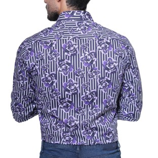 پیراهن مردانه آستین بلند طرح گل و راه‌راه بنفش