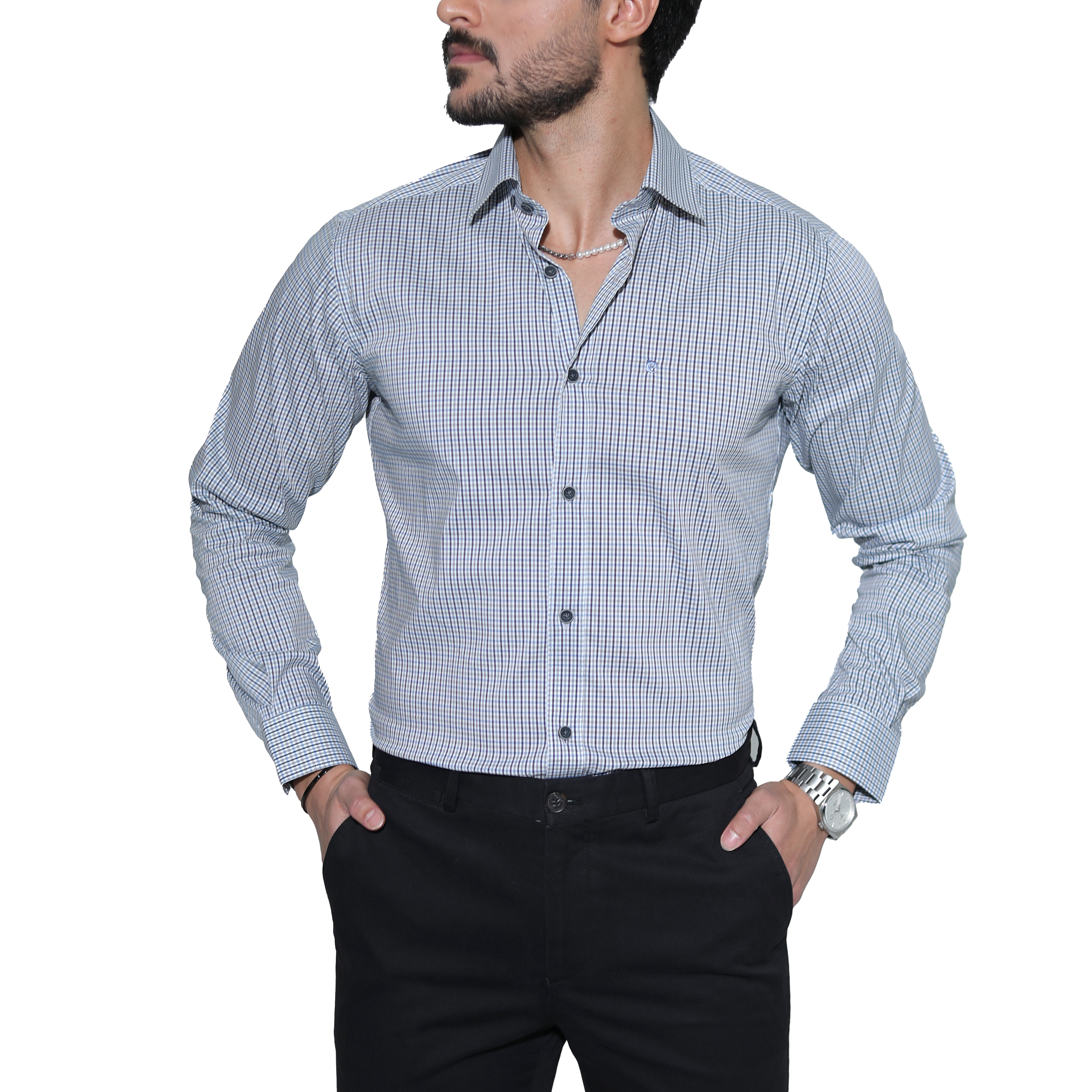 پیراهن مردانه چهارخانه ریز آبی و سفید