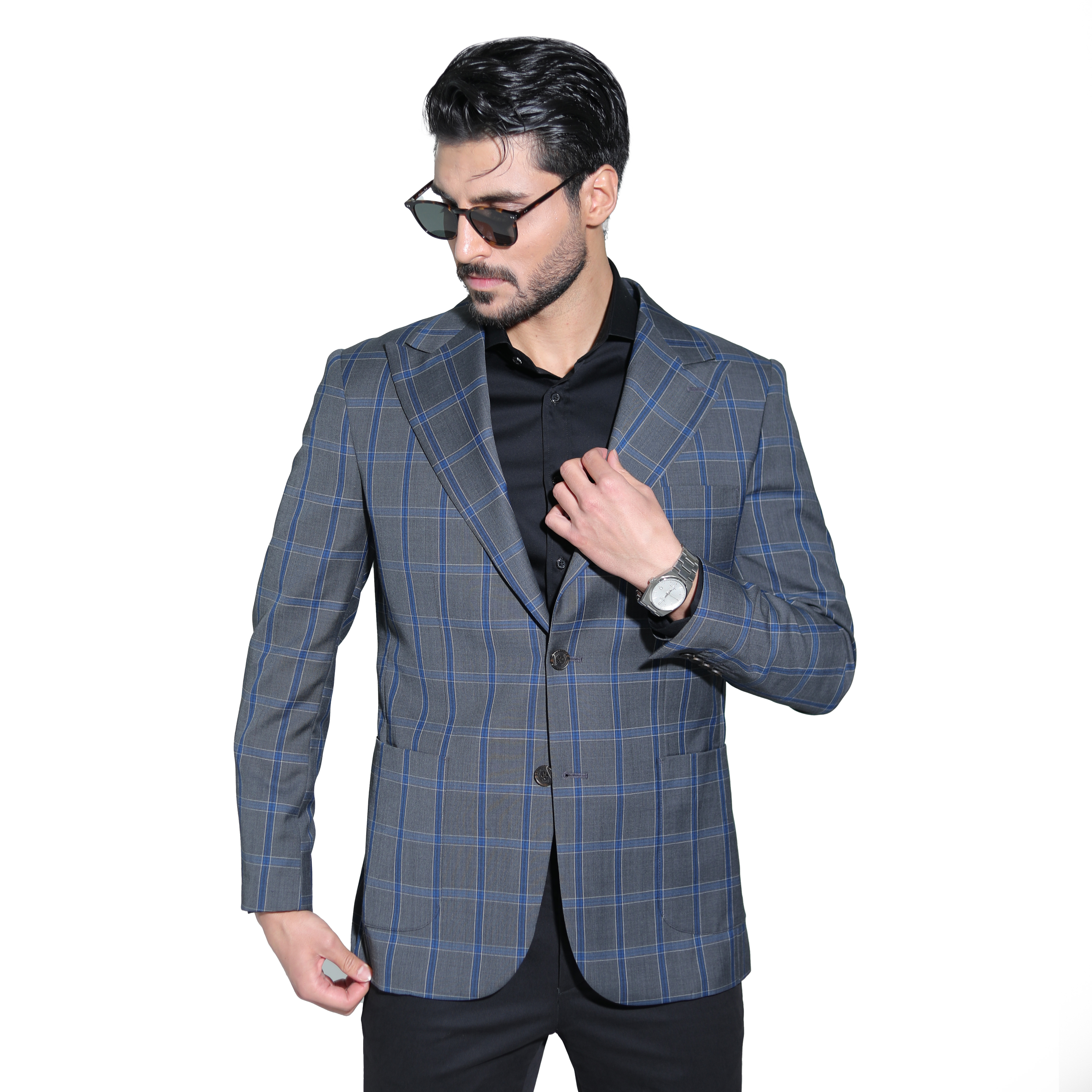 کت مردانه چهارخانه طوسی با خطوط آبی